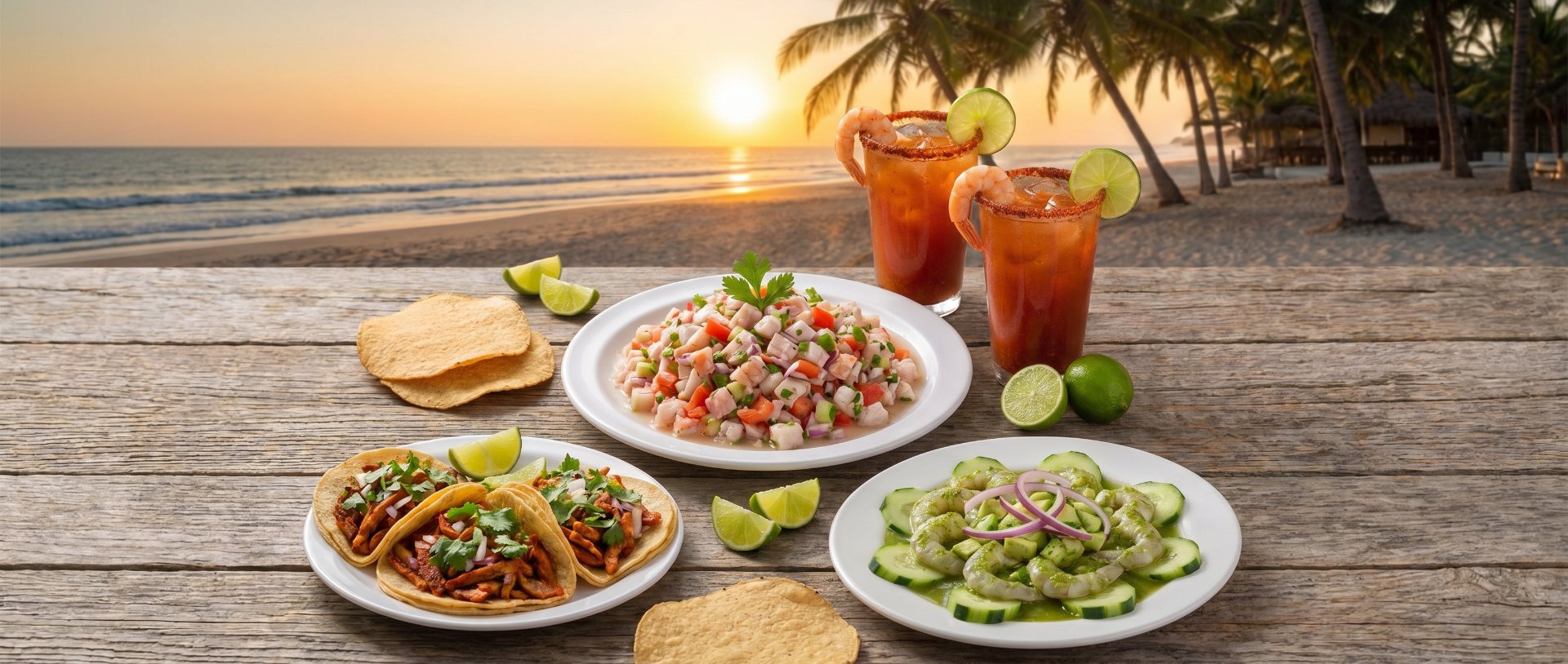 Overhead spread of aguachiles, ceviche, tostilocos and micheladas